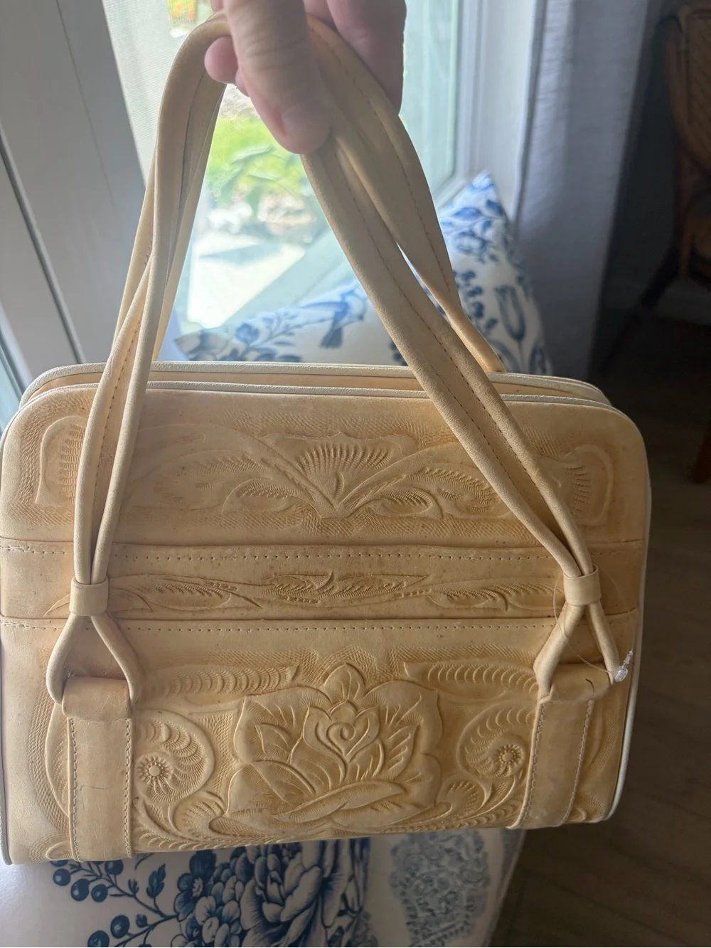 Vintage Hand-Tooled Floral Genuine Leather Tote Satchel Bag in Buttercream